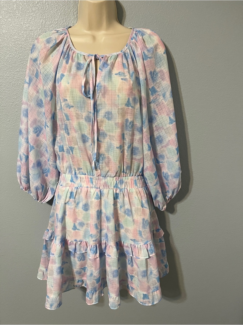 Pinch Floral Mini Dress Pastel Tiered Ruffle Balloon Sleeve Cottagecore Boho S